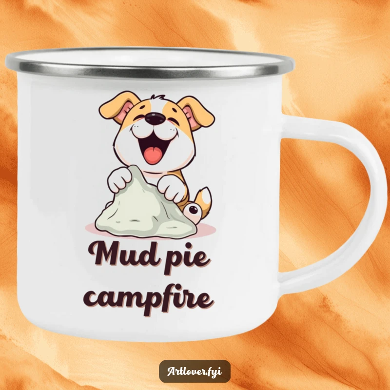 Funny Dog Sculptor Camping Mug showing a dog joyfully sculpting clay with its paws, great for outdoors and as a funny gift.