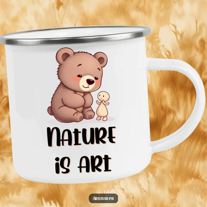 Funny Bear Cub Artist Camping Mug: An enamel mug featuring a playful bear cub admiring abstract clay art, ready for humorous outdoor creativity.