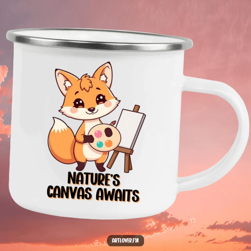 Funny Fox Artist Camping Mug: A playful fox artist holding a palette and brush, ready for outdoor art, superb funny gift.