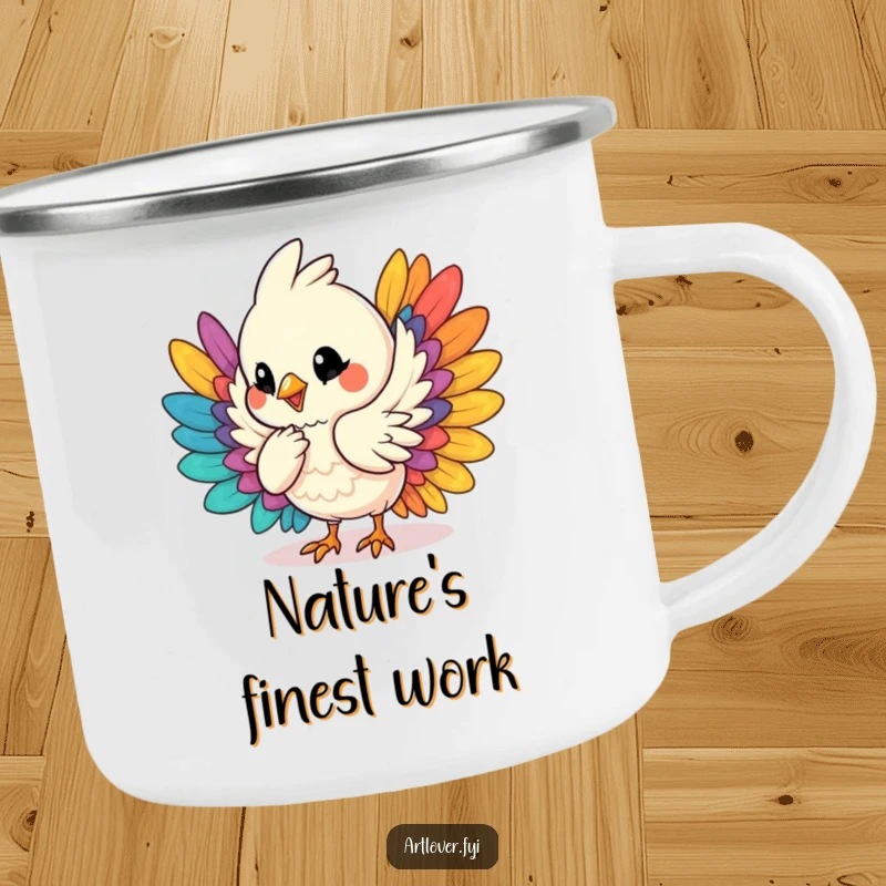 Funny camping mug showcasing a bird character humming while it arranges colorful feathers, perfect for enjoying drinks by the campfire.