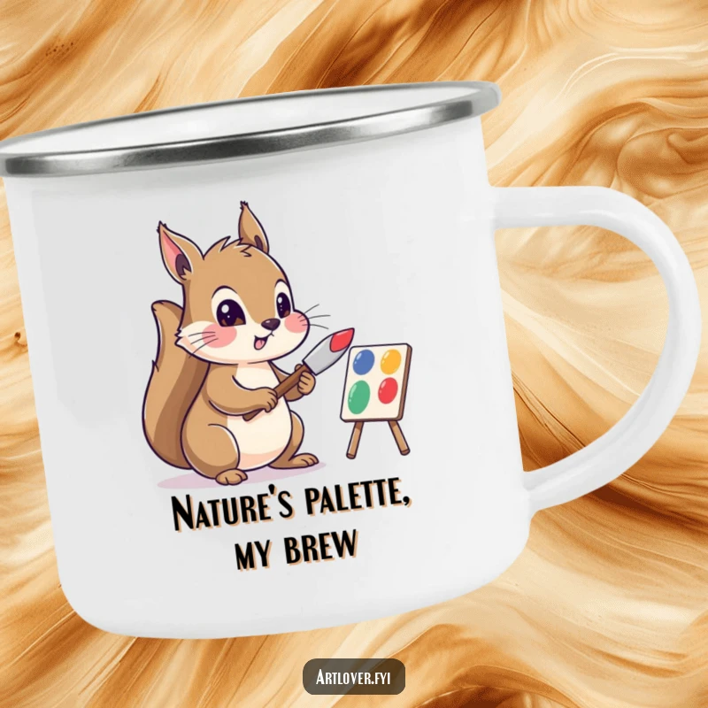 Funny camping mug with a squirrel artist mixing paint, perfect for outdoor creative sessions and enjoying beverages in nature.