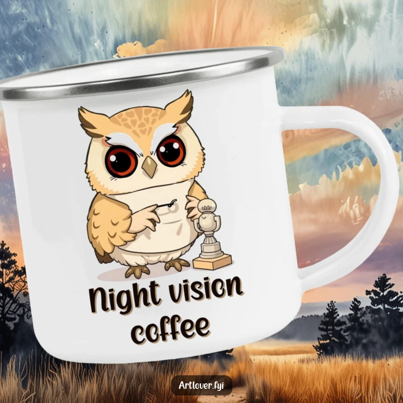 Funny enamel camping mug with a curious owl wearing a smock, examining a tiny sculpture, for wise outdoor contemplation.
