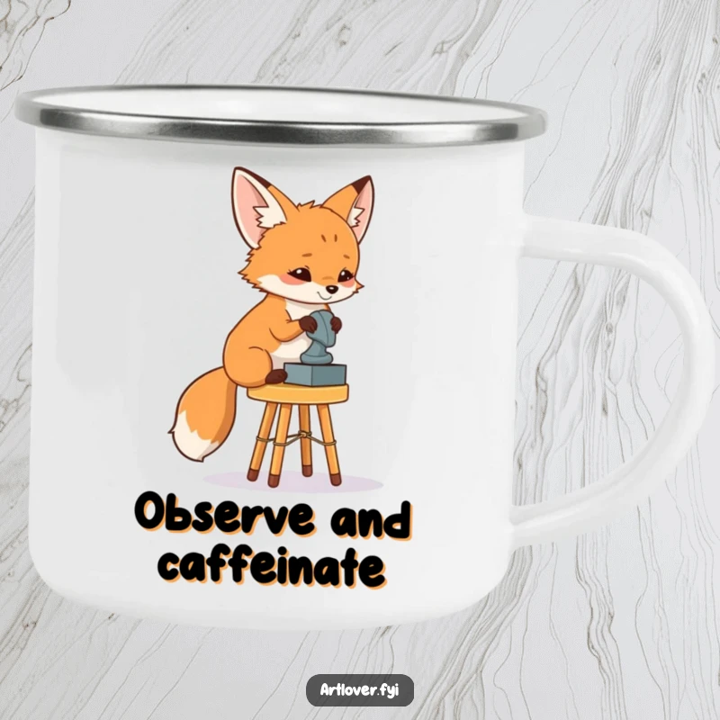 Funny Fox Art Critic Camping Mug: An enamel mug featuring a curious fox viewing a sculpture, ready for humorous outdoor contemplation.