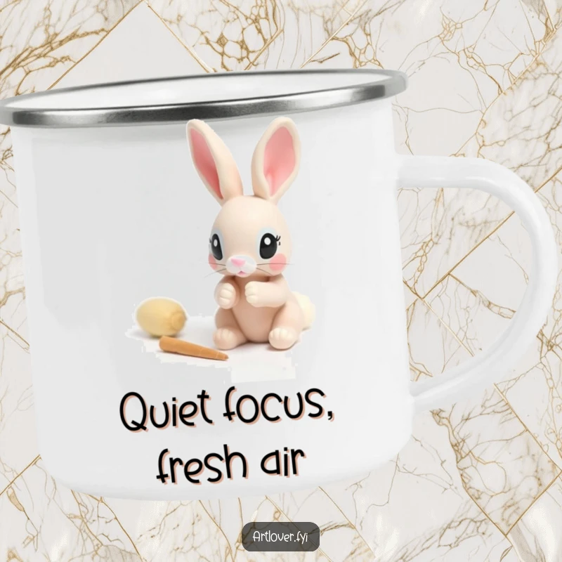 Funny camping mug with a rabbit carefully sculpting a small clay figure, perfect for enjoying beverages during outdoor activities.