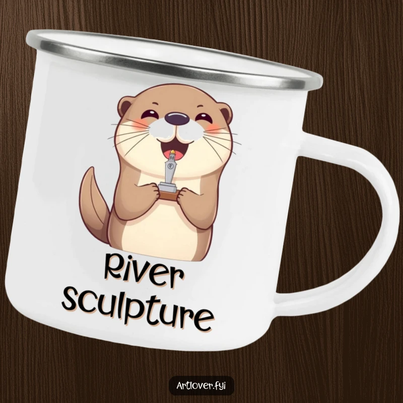 Funny camp otter mug, a rugged enamel cup featuring a joyful otter balancing a miniature sculpture.