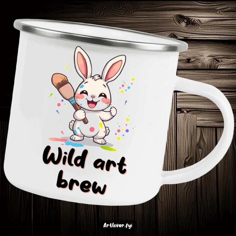 Funny Rabbit Artist Camping Mug: Joyful rabbit character splattering vibrant paint colors with a large paintbrush, perfect for outdoor art.