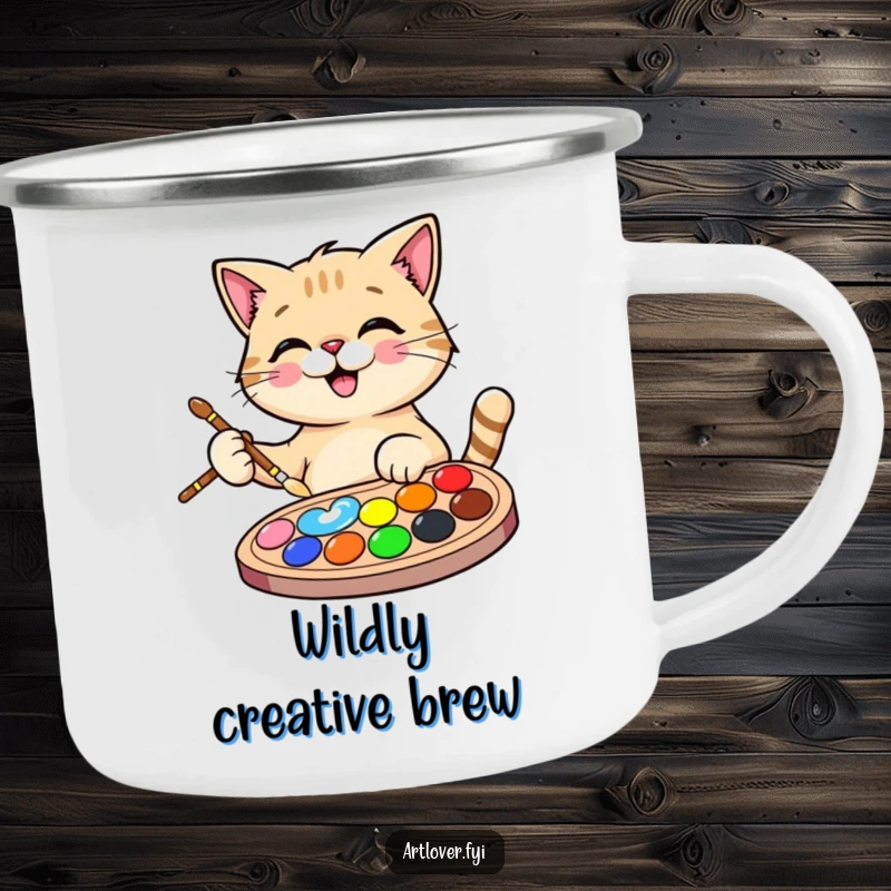 Funny Cat Artist Camping Mug showing a happy cat with a paintbrush and palette, perfect for outdoor enjoyment and artistic inspiration.