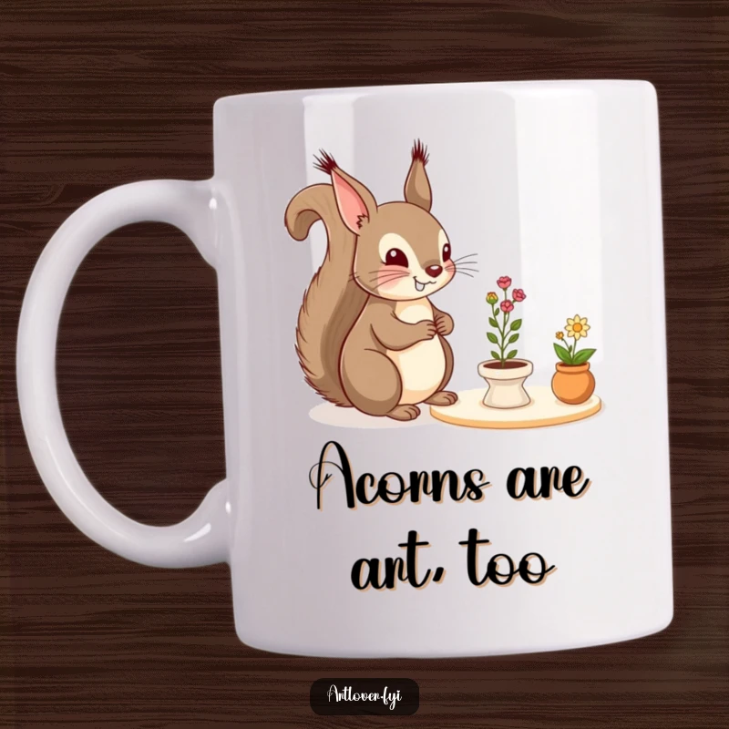 Funny Mug: A cheerful squirrel gazes in admiration at a tiny, meticulously arranged still life, showcasing a love for detail.