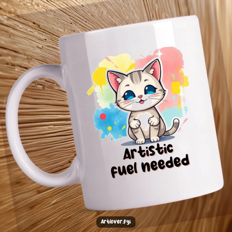 Funny mug depicting a proud cat character standing next to a vibrant, colorful abstract painting it has created, showcasing artistic achievement.