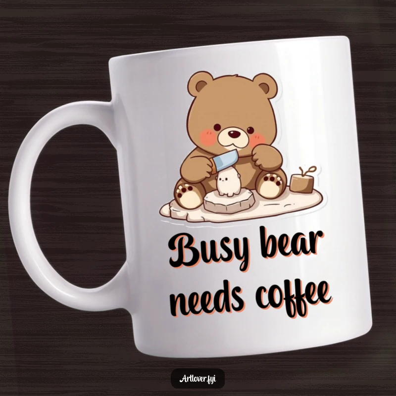 Funny bear with focused intensity skillfully using a chisel to carve a small statue, on a ceramic mug.