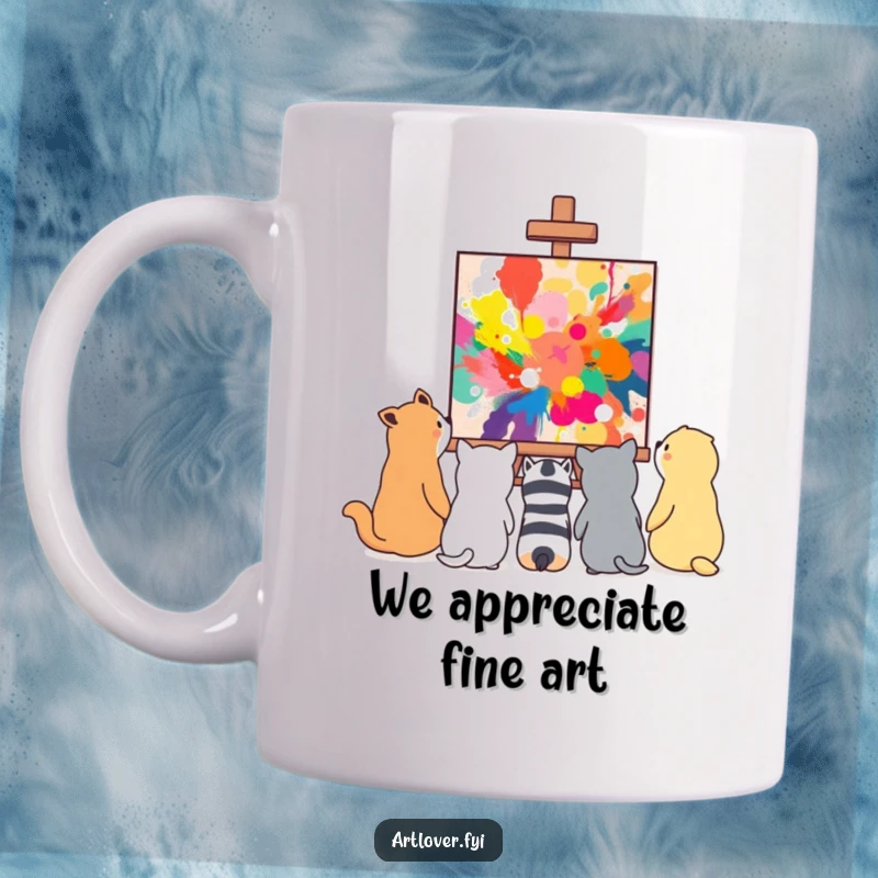 Funny group of diverse animals gazing in admiration at a vibrant, abstract painting, on a ceramic mug.