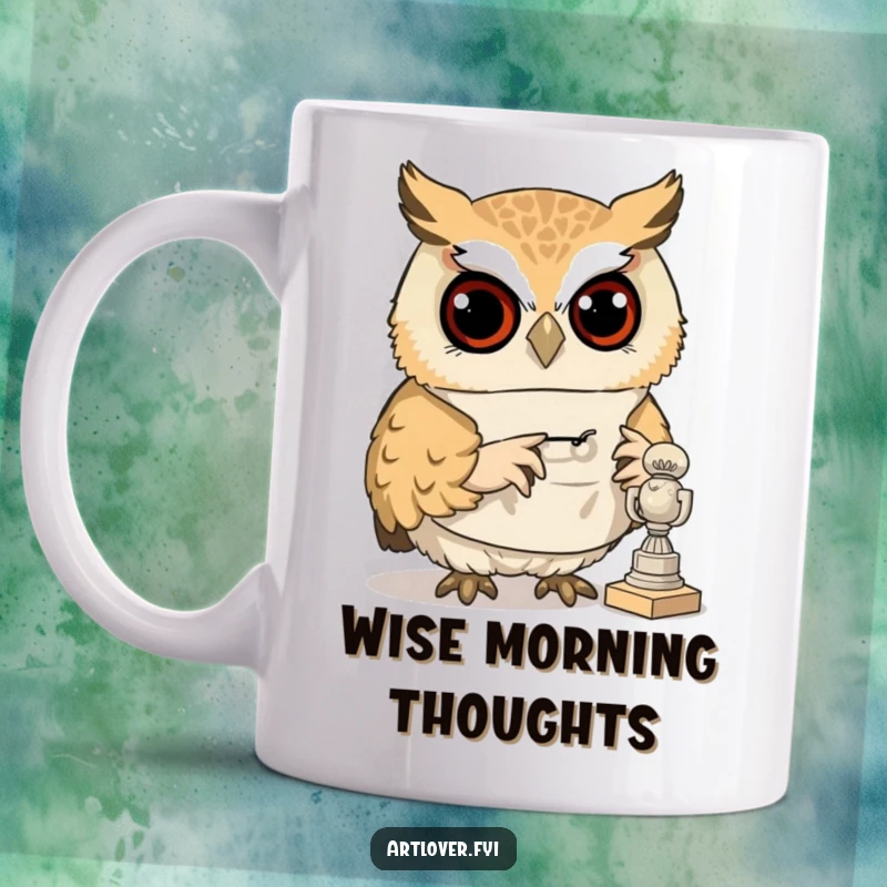 Funny owl mug with a smock, curiously examining a tiny sculpture, showcasing a wise and artistic avian appreciation.