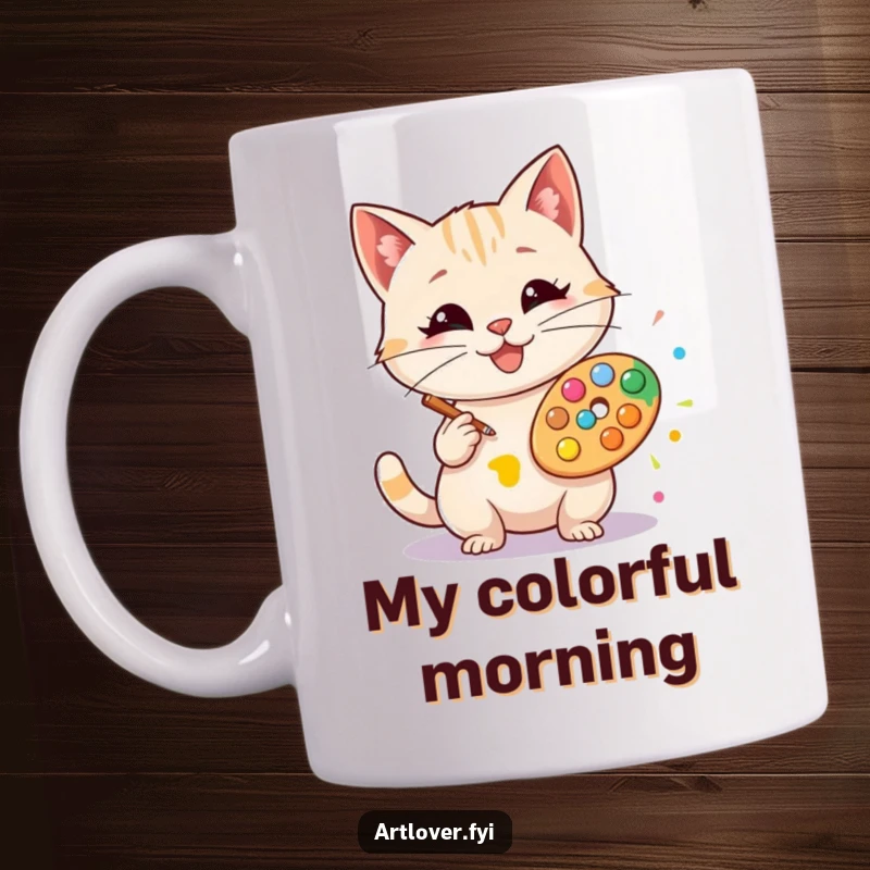 Funny artist cat mug, a happy feline wearing a smock, creating a colorful art splat with a palette.