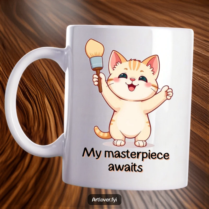 Funny Mug featuring a jubilant kitten standing tall, proudly holding a paintbrush like a trophy, radiating artistic accomplishment and pure glee.