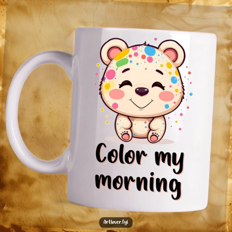 Funny Mug: A smiling bear with a happy expression, covered head-to-toe in vibrant paint splatters, holding a paintbrush, perfect funny gift.