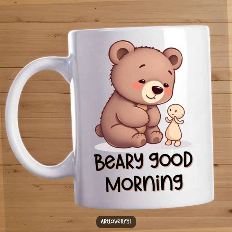Funny Bear Cub Artist Mug: A playful bear cub admires a small abstract clay figure, a humorous depiction of artistic appreciation.