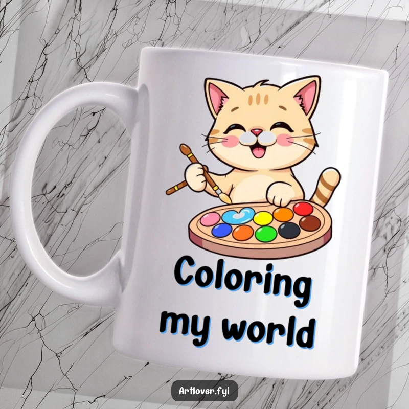 Funny Cat Artist Mug featuring a happy cat holding a paintbrush, dipping it into a vibrant color palette, embodying artistic fun.