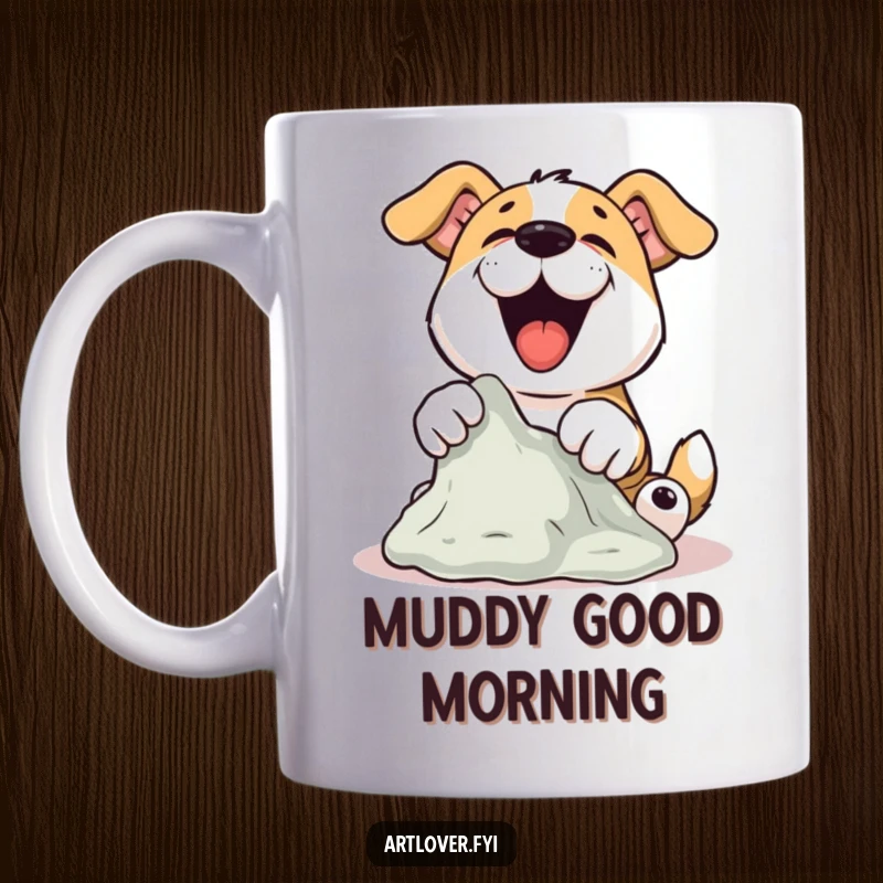 Funny Dog Sculptor Mug showing a joyful dog enthusiastically sculpting clay with its paws, an ideal funny gift.