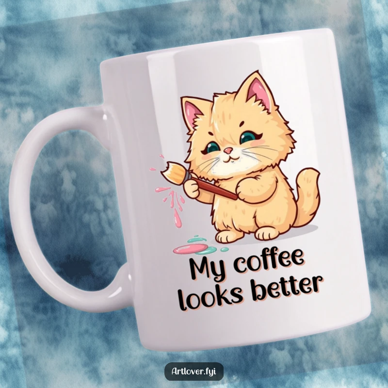 Funny mug featuring a fluffy cat holding a paintbrush, happily splattering colorful paint.
