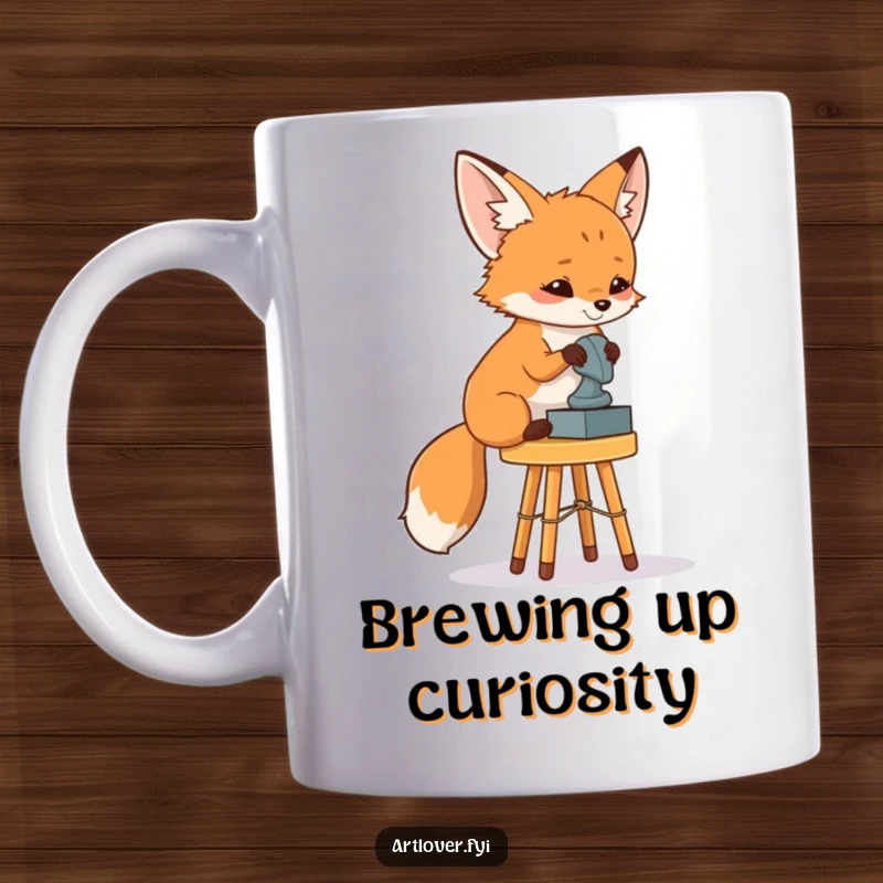 Funny Fox Art Critic Mug: A curious fox sits on a stool thoughtfully observing a sculpture, a humorous take on art appreciation.