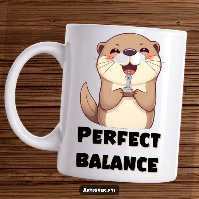 Funny otter balancing act mug, a cheerful otter skillfully balances a small, intricate sculpture on the tip of its nose.