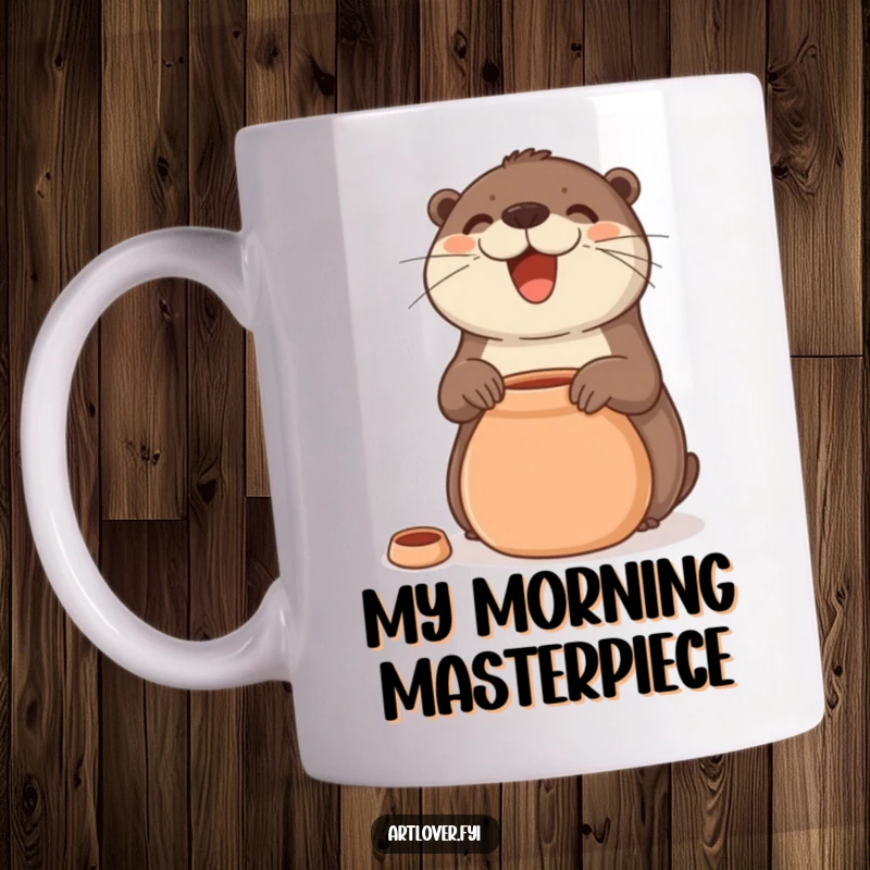 Funny Mug featuring a joyful otter with a big smile, skillfully crafting a clay pot on a pottery wheel, radiating happiness.