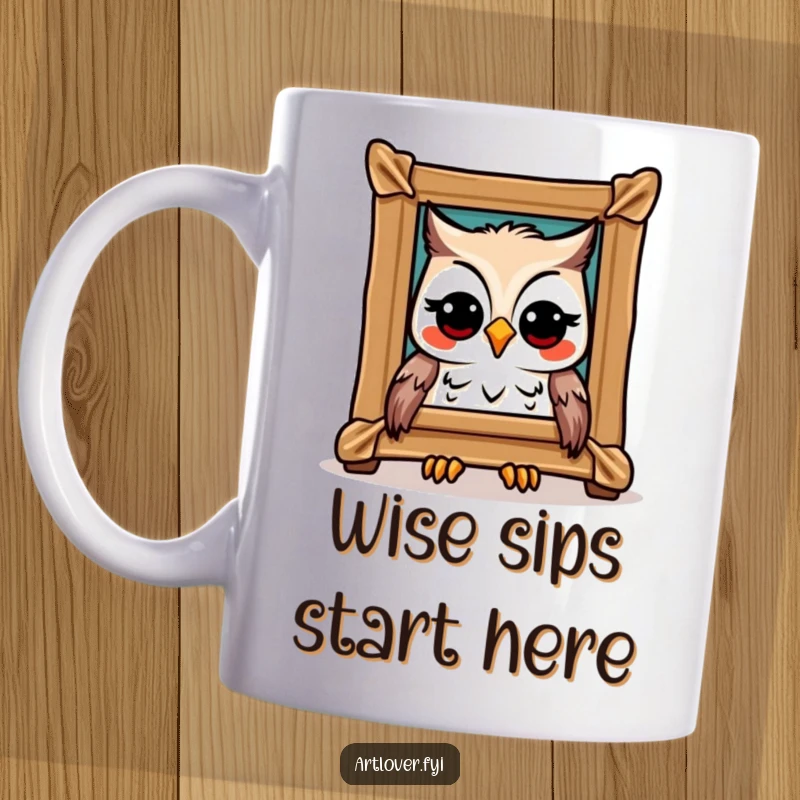 Funny Owl Art Mug: A joyful owl with wide eyes admiring a framed masterpiece on a wall, full of artistic delight, ideal funny gift.