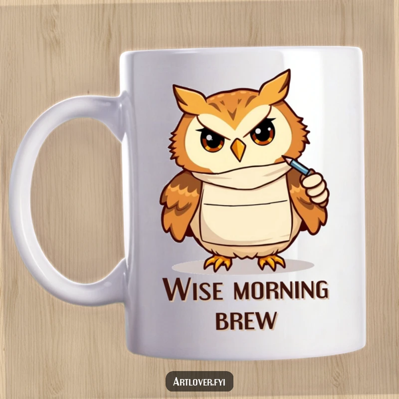 Funny mug featuring a wise, determined owl wearing an artist's smock, deeply concentrating while drawing, symbolizing focus and art.