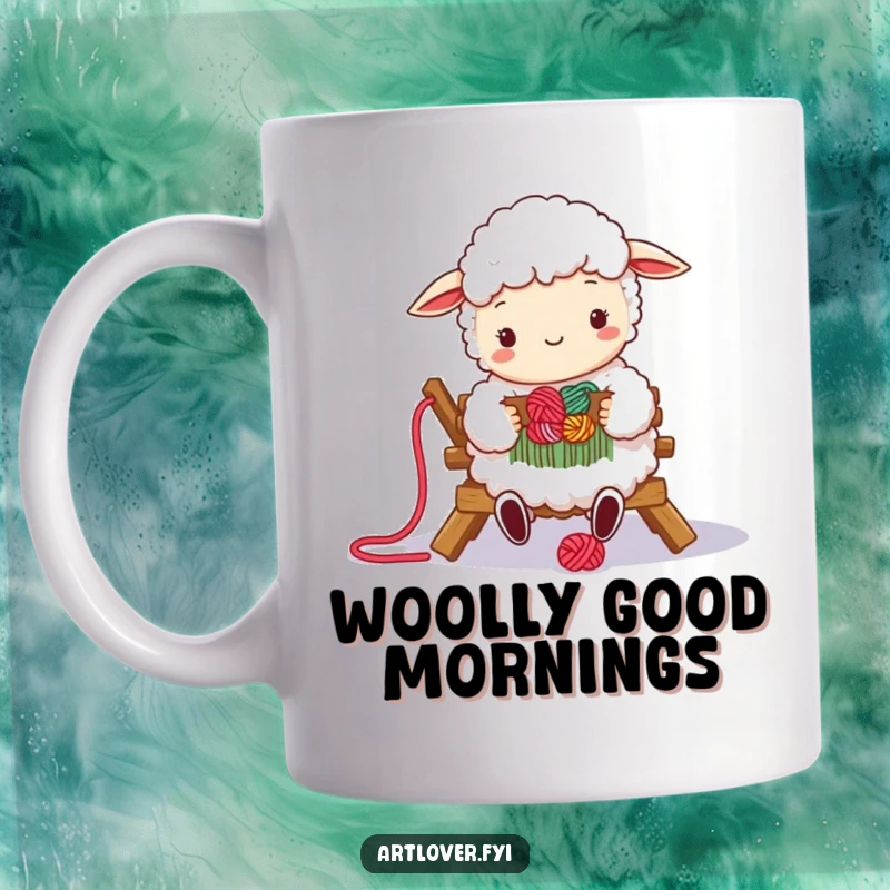 Funny mug featuring a fluffy sheep happily weaving colorful yarn on a small loom, celebrating cozy crafts and gentle artistry.