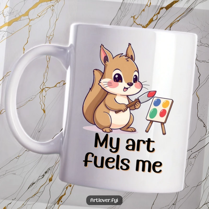 Funny mug featuring a squirrel artist with intense focus, expertly mixing vibrant paints with a palette knife, celebrating creativity.