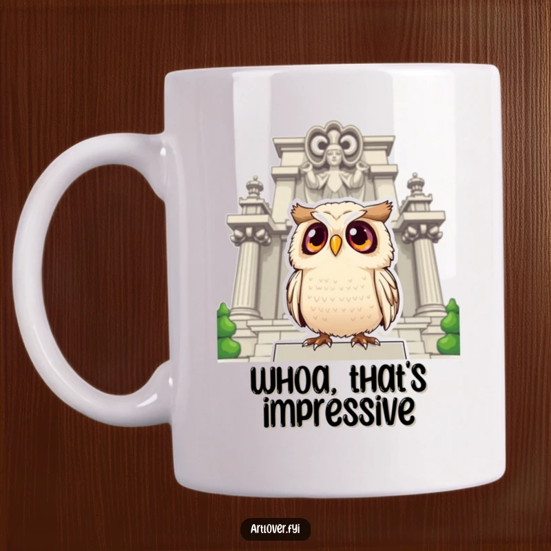Funny owl mug with a surprised expression and large, round eyes, looking up in amazement at a majestic, grand statue.