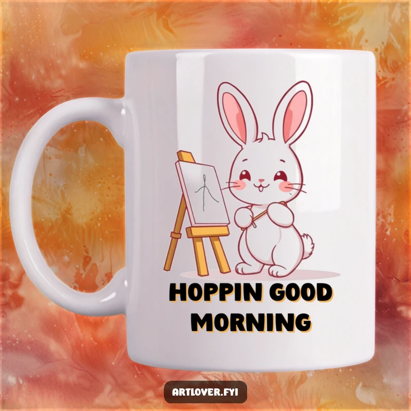 Funny Bunny Artist Mug featuring a cute kawaii bunny with an easel, enthusiastically drawing, showcasing artistic passion and charm.