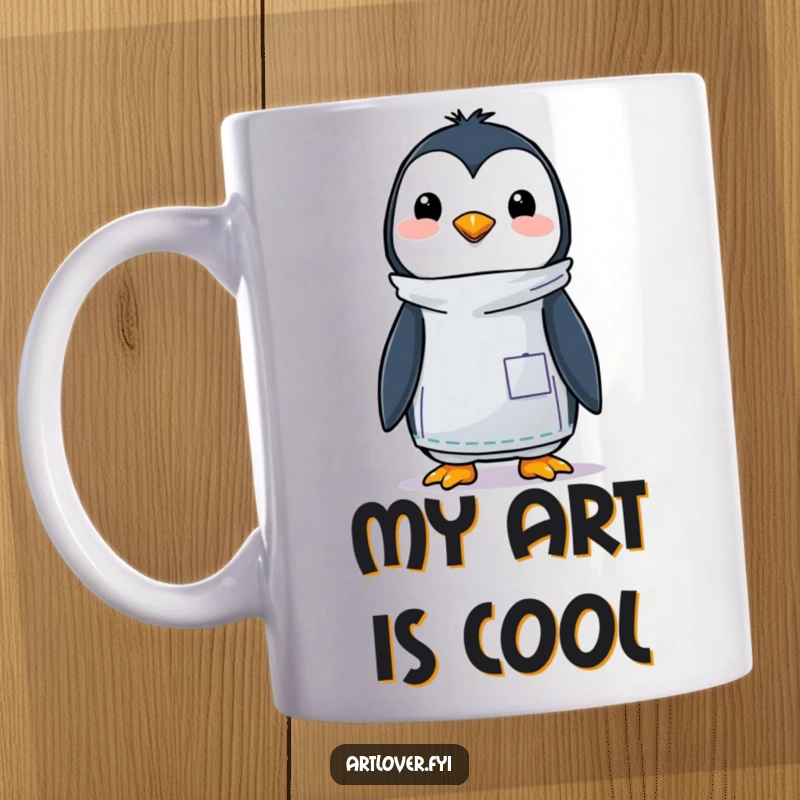 Funny mug with a happy penguin artist in a smock, enthusiastically painting with a brush, radiating creative energy and joy.