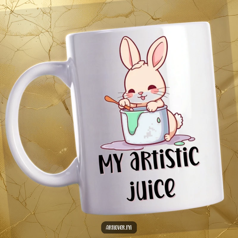 Funny artist rabbit mug, a playful bunny dips its paw into a vibrant pot of paint, creating a colorful mess.