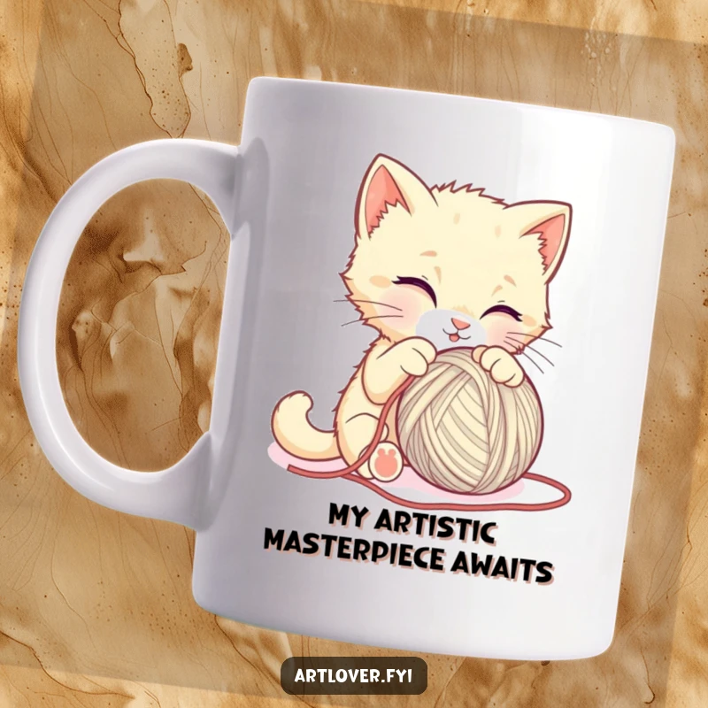 Funny kitten mug, a playful cat attempting to sculpt a giant ball of yarn with intense concentration and hilarious results.