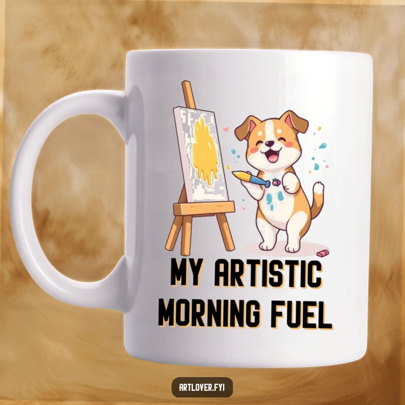 Funny mug showing a happy dog with a brush splashing vibrant paint on a canvas, embodying artistic passion and playful energy.