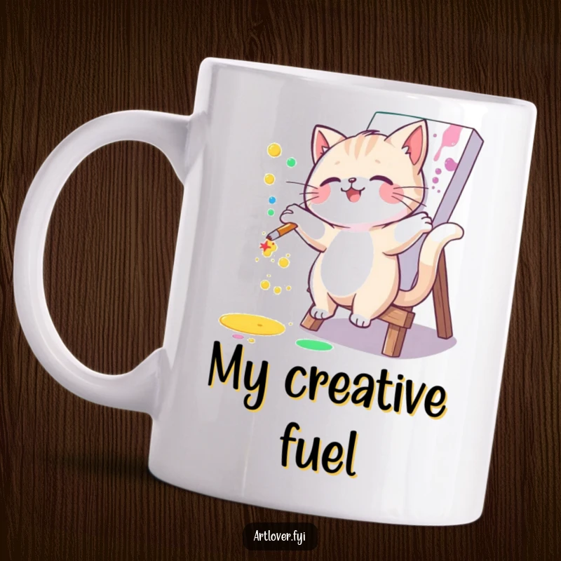 Funny cat character joyfully splattering paint on a canvas mug, capturing a mischievous feline artist mid-creation. A humorous item for art lovers.