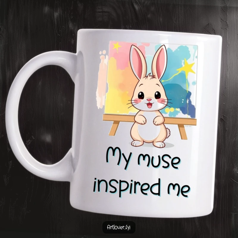 Funny Mug: A playful bunny strikes a pose in front of a brightly colored, abstract canvas, showcasing artistic flair and a happy demeanor.