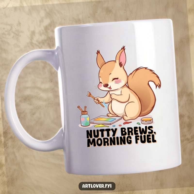 Funny mug of a squirrel enthusiastically mixing paints on a surface with a tiny twig, depicting intense artistic focus.