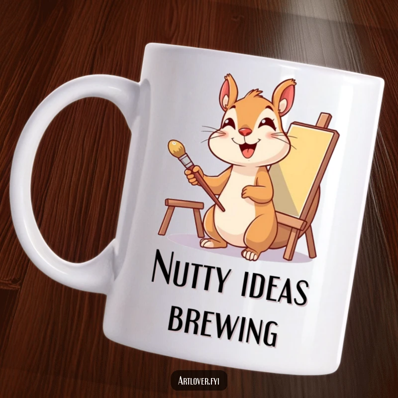 Funny Squirrel Artist Mug showing a delighted squirrel holding a paintbrush, ready to paint on a canvas.