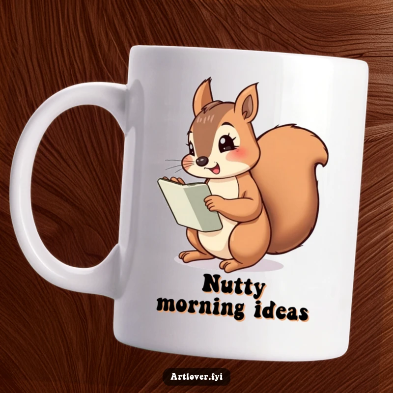 Funny Squirrel Artist Mug featuring a cheeky squirrel with a sketchbook, focused on drawing a giant nut, embodying playful mischief.