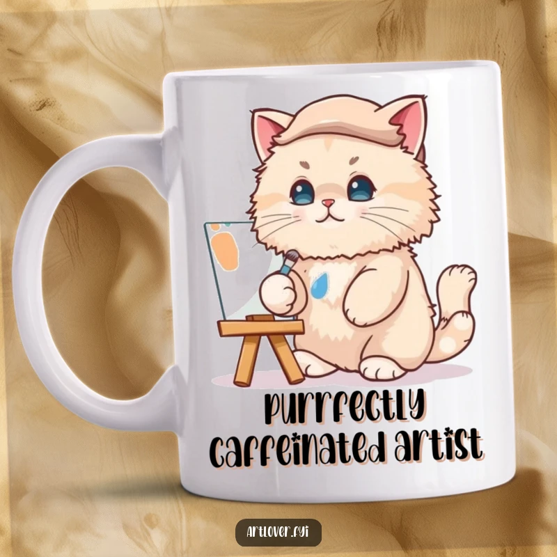 Funny Cat Artist Mug: A fluffy cat in a beret humorously dabs paint on a canvas, inspiring creativity and laughter.