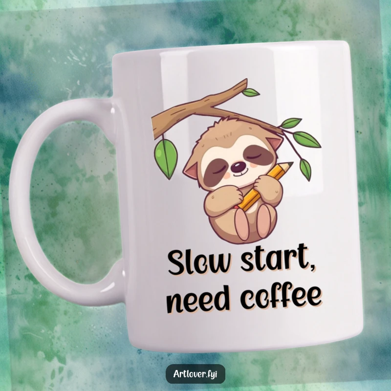 Funny sleepy sloth mug, hanging from a branch with a pencil, symbolizing relaxed creativity and slow mornings.