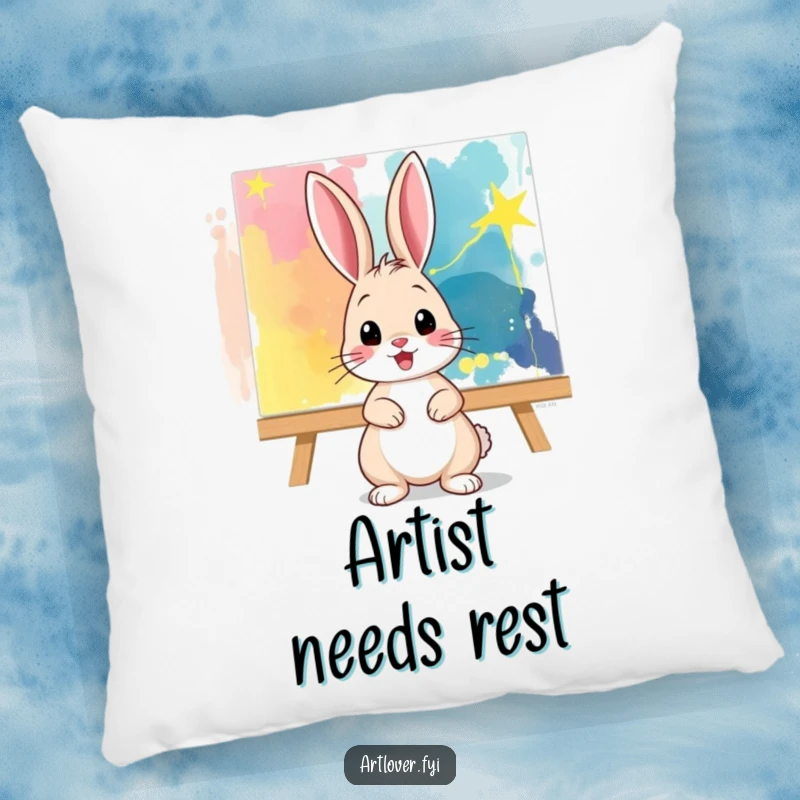 Funny Pillow: A playful bunny strikes a pose before a vibrant abstract canvas, offering artistic comfort and a splash of color.