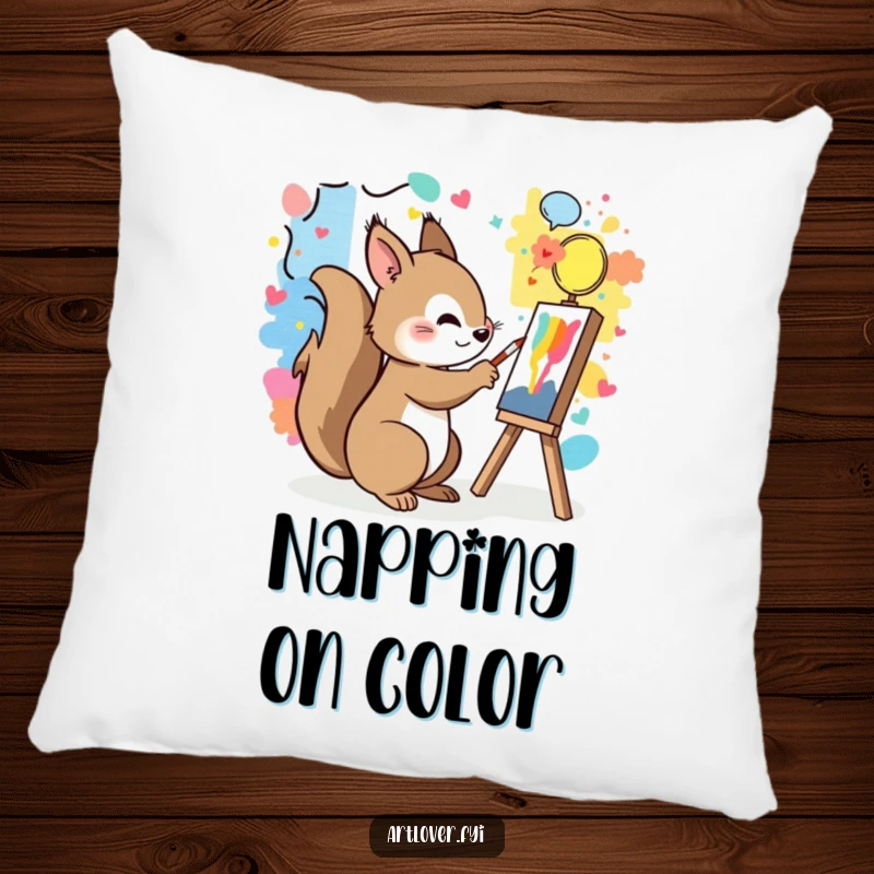 Funny pillow featuring a playful squirrel painting a colorful mural, looking content.