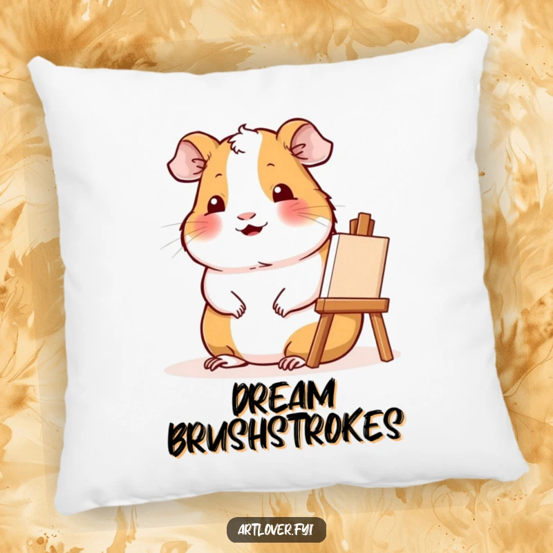Funny Artist Guinea Pig Pillow: Soft cushion featuring a contented guinea pig smiling beside a small easel, cozy and artistic.