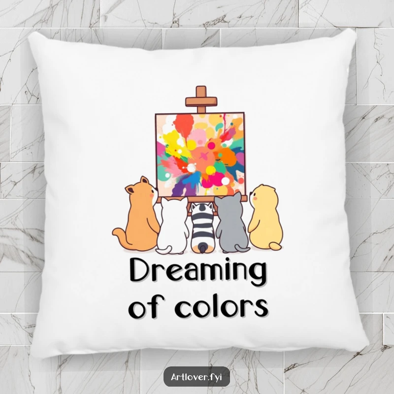 Funny animals gazing at a vibrant, abstract painting, a soft and artistic accent pillow.
