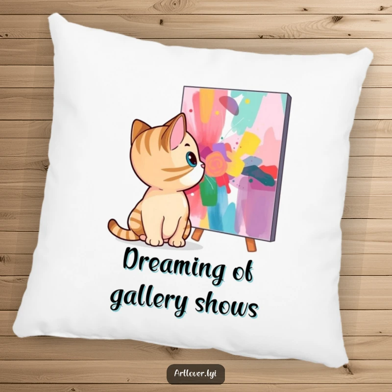 Funny cat pillow showcasing a curious cat looking at a colorful abstract painting, merging comfort with artistic amusement.