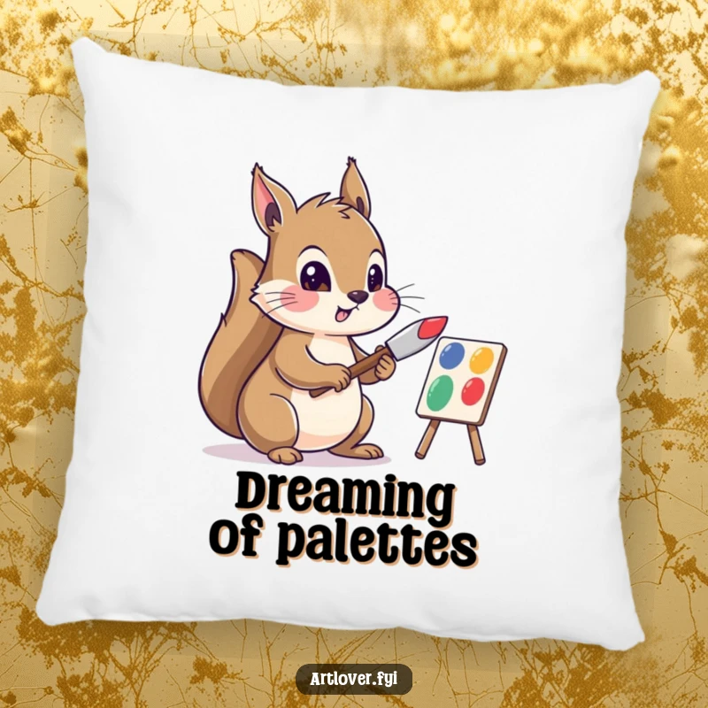 Funny pillow featuring a squirrel artist focused on mixing colorful paints with a palette knife, adding a touch of art and humor.