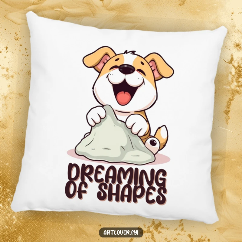 Funny Dog Sculptor Pillow with a dog joyfully sculpting clay with its paws, a cozy and funny gift.
